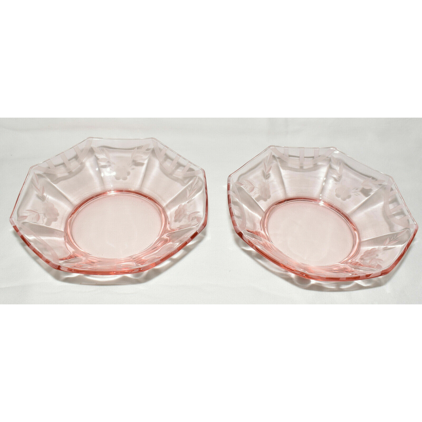 Pair Vintage Pink Glass Octagon Bowls Etched Floral Design Pinstripe Pattern