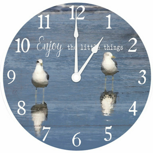 15" Round Wooden Wall Clock Wading Bird Scene Enjoy The Little Things Blue White