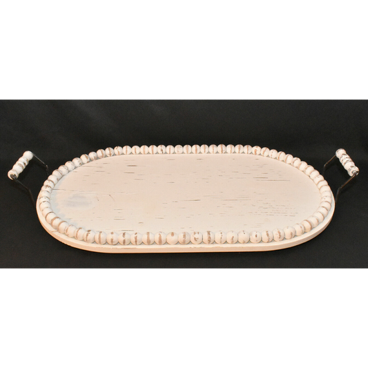 22" Rustic White Beaded Tray Footed Wooden Handles Farmhouse Cottage Home Decor