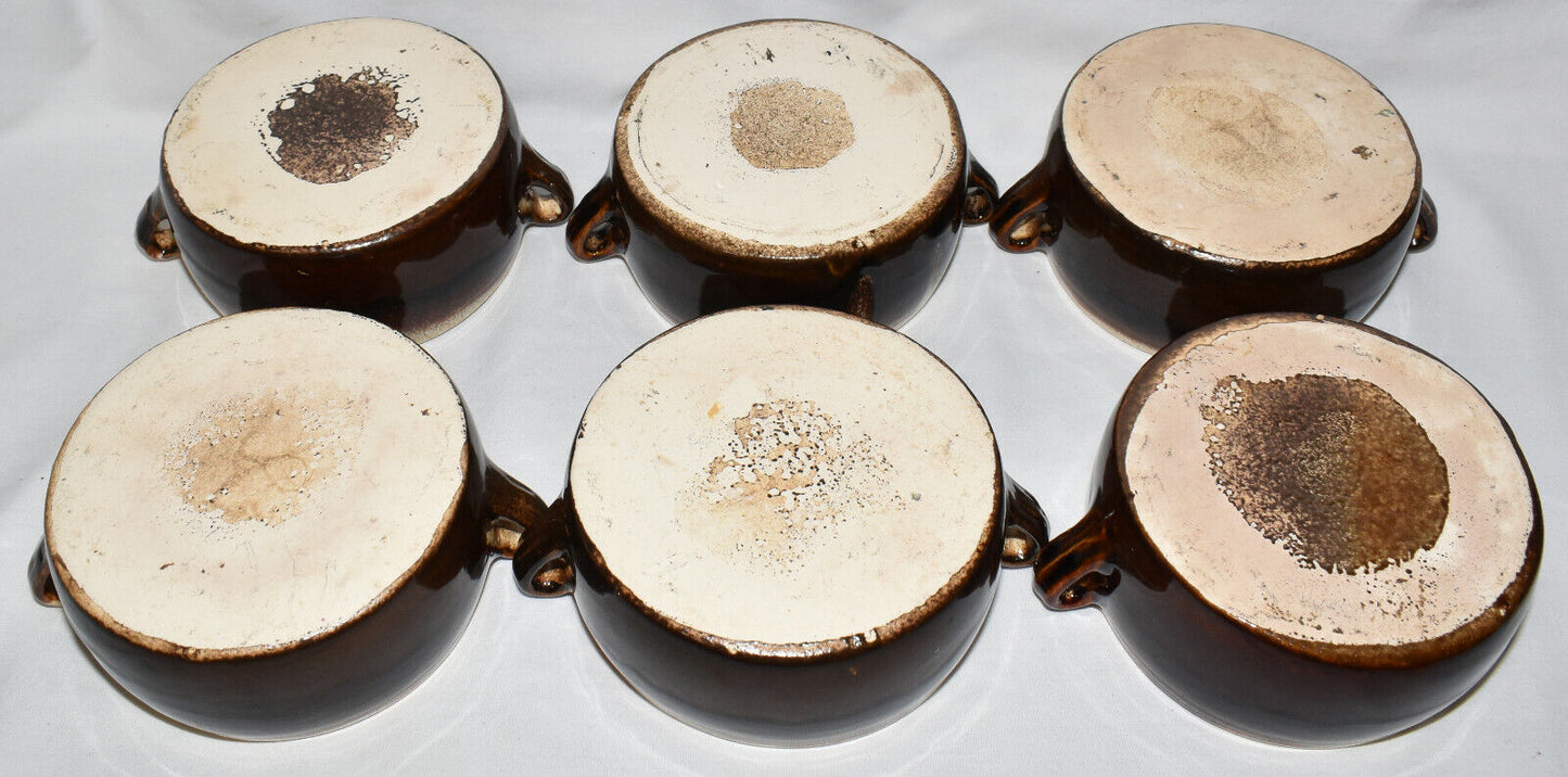 Vintage Drip Glaze Stoneware Bowls 6pc Set Individual Lidded Pots Double Handles