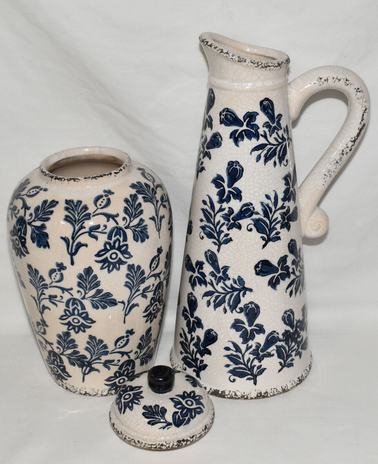 Blue White Ceramic Vase Jar 2pc Distressed Crackle Glaze Pitcher Vase Lidded Jar