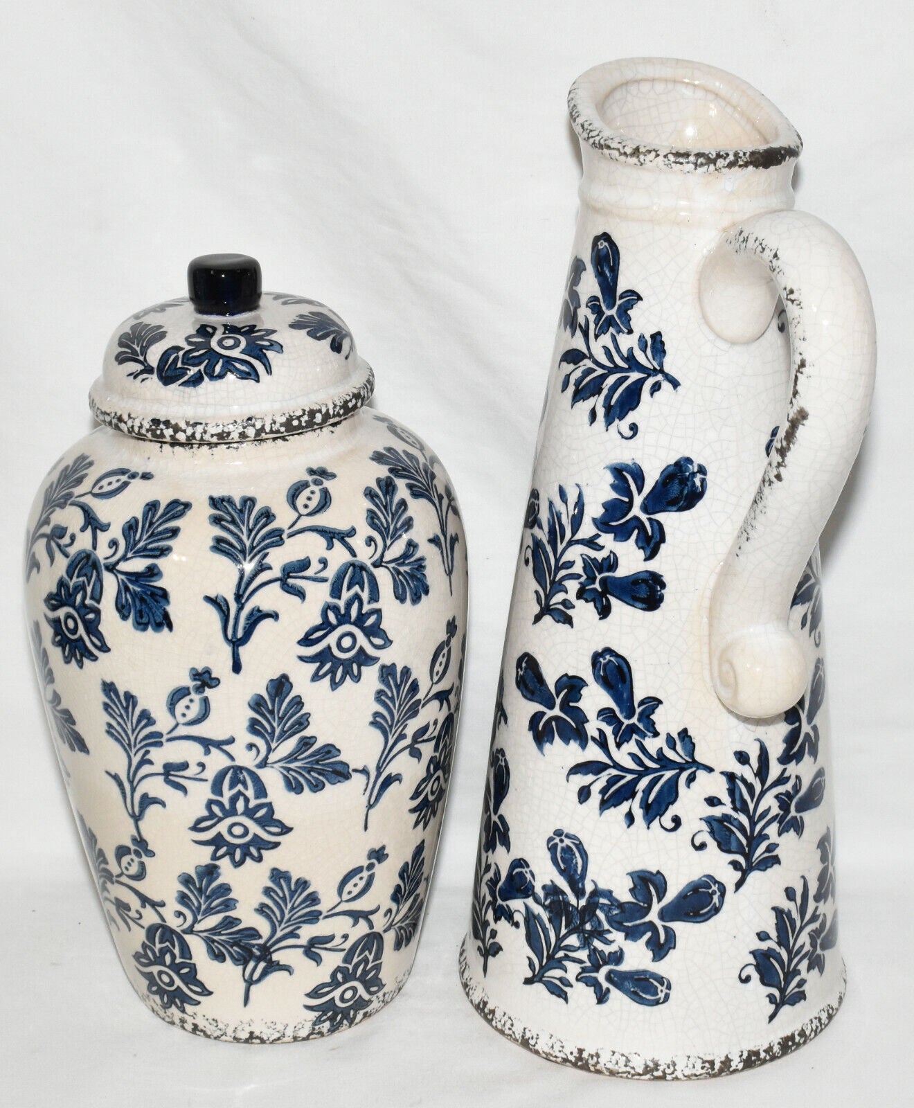 Blue White Ceramic Vase Jar 2pc Distressed Crackle Glaze Pitcher Vase Lidded Jar