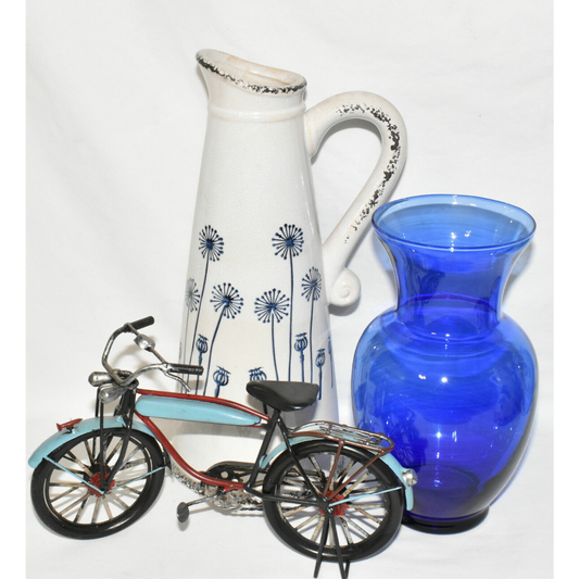 13" Blue White Ceramic Dandelion Vase Distressed Crackle Glaze Pitcher Vase New