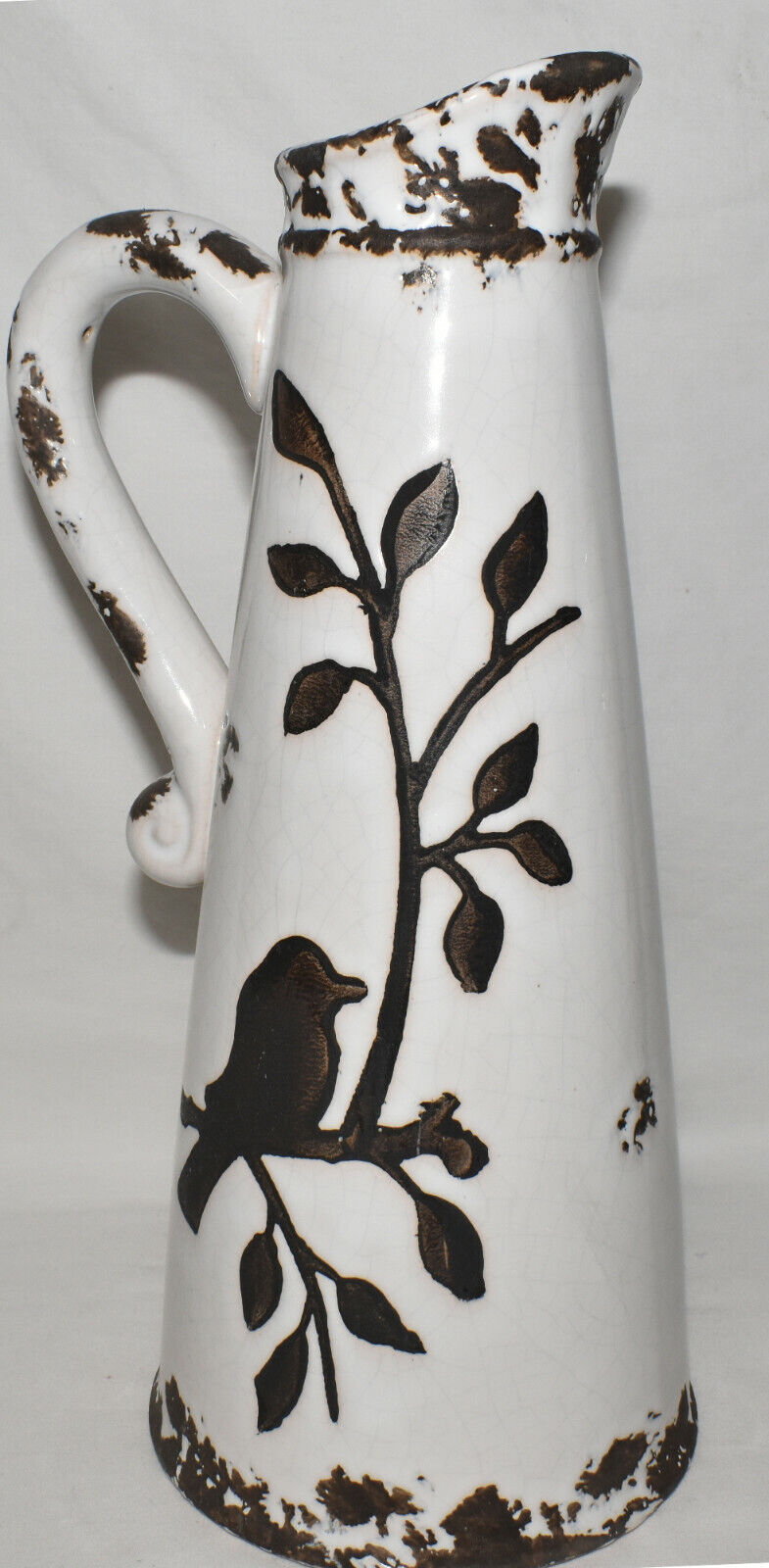 13" Ceramic Bird Vase Pitcher Brown White Distressed Crackle Glaze Bird Vase New