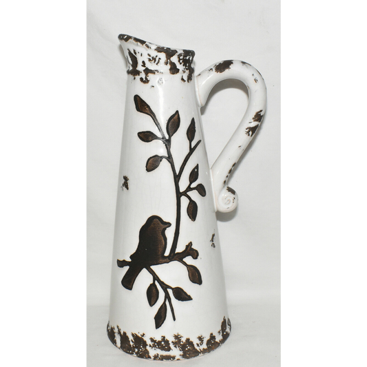 13" Ceramic Bird Vase Pitcher Brown White Distressed Crackle Glaze Bird Vase New