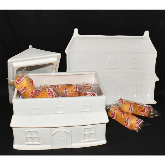 White Cottage Stoneware Cookie Jar Canister w Matching Cookie Plate Platter New