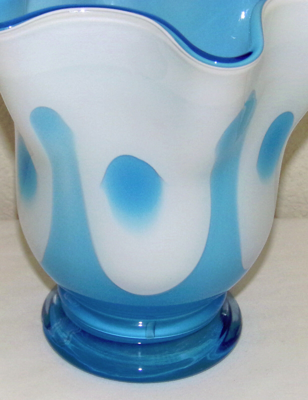 Vintage Cased Glass Handkerchief Vase Blue White Hand Blown Glass Mid Century