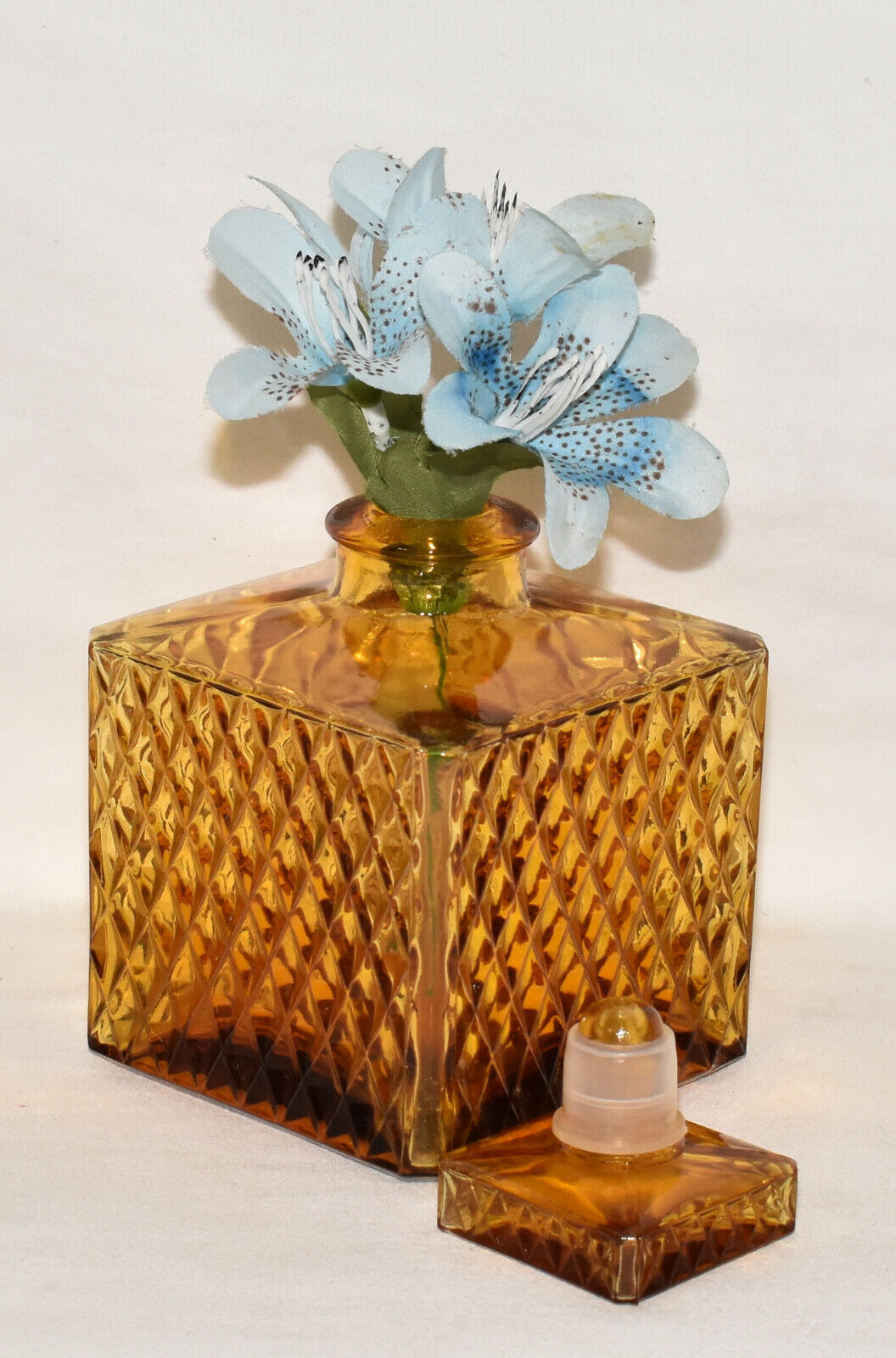 Amber Depression Glass Decanter Square Glass Lidded Decanter w Diamond Pattern