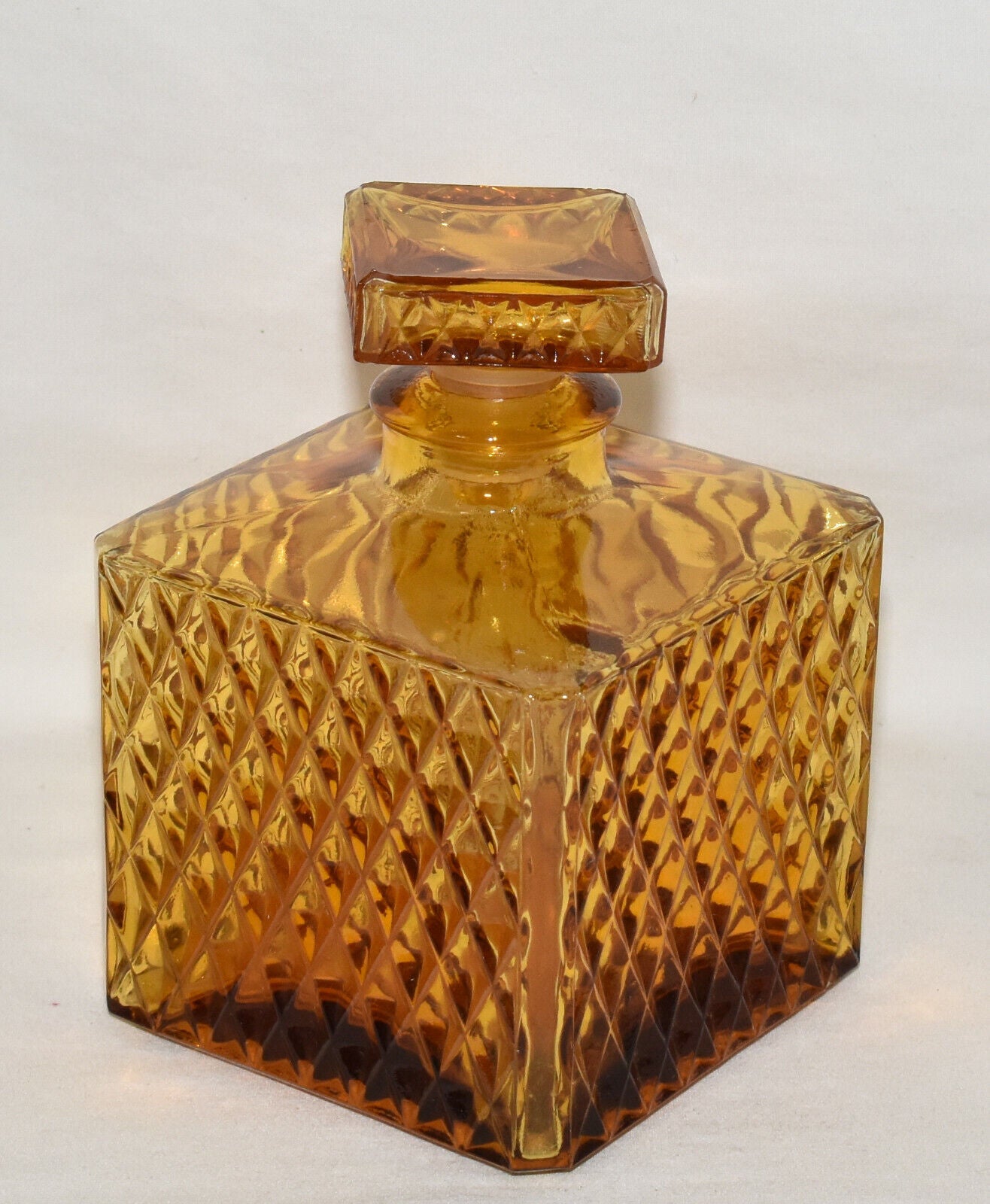 Mid Century Modern Amber Diamond Cut Square Glass Liquor Decanters w sale Markers