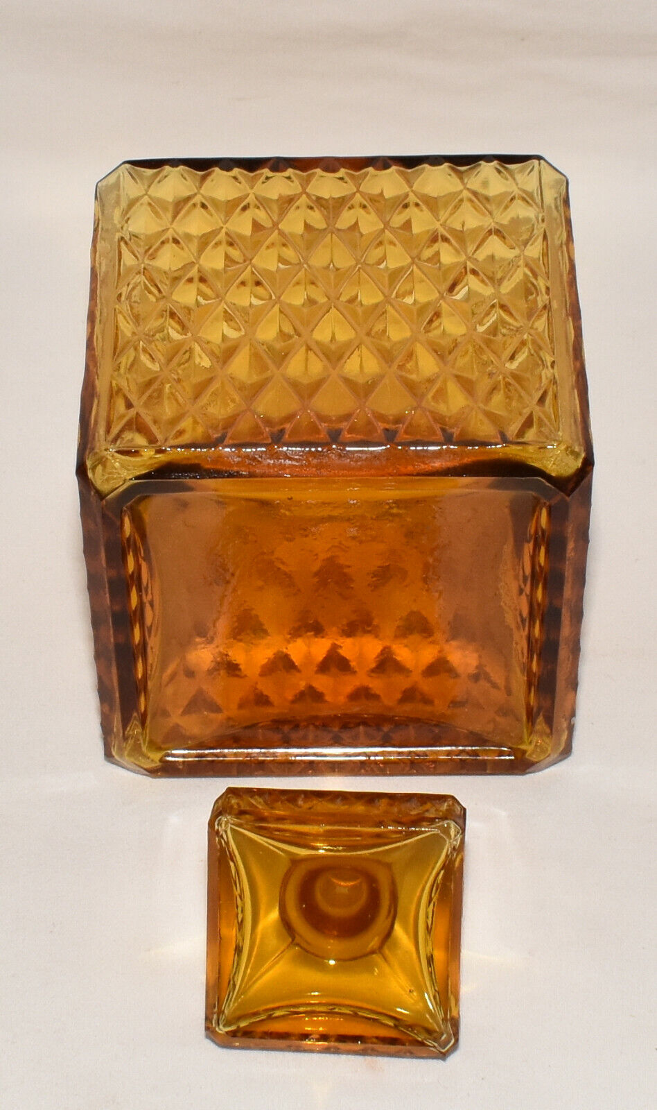 Amber Depression Glass Decanter Square Glass Lidded Decanter w Diamond Pattern