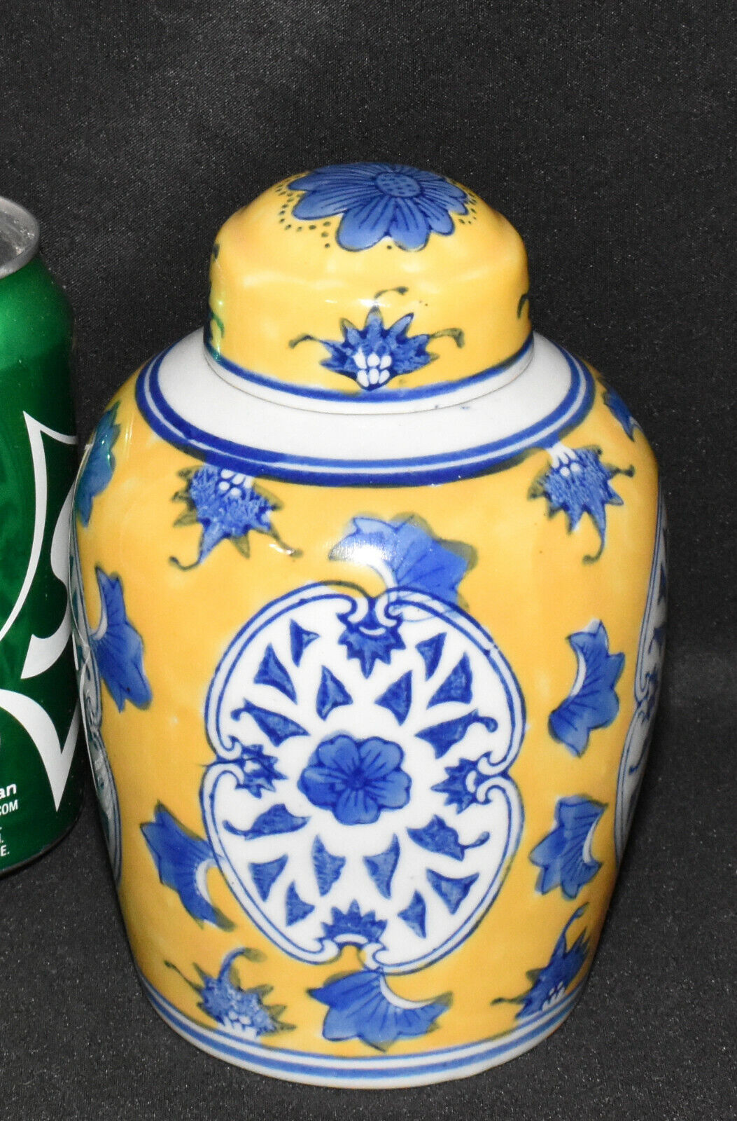 Vintage Chinese Ginger Jar 6" Yellow Blue Lidded Porcelain Jar Floral Panels Signed