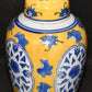 Vintage Chinese Ginger Jar 6" Yellow Blue Lidded Porcelain Jar Floral Panels Signed