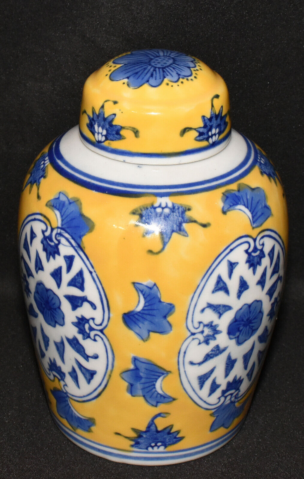 Vintage Chinese Ginger Jar 6" Yellow Blue Lidded Porcelain Jar Floral Panels Signed