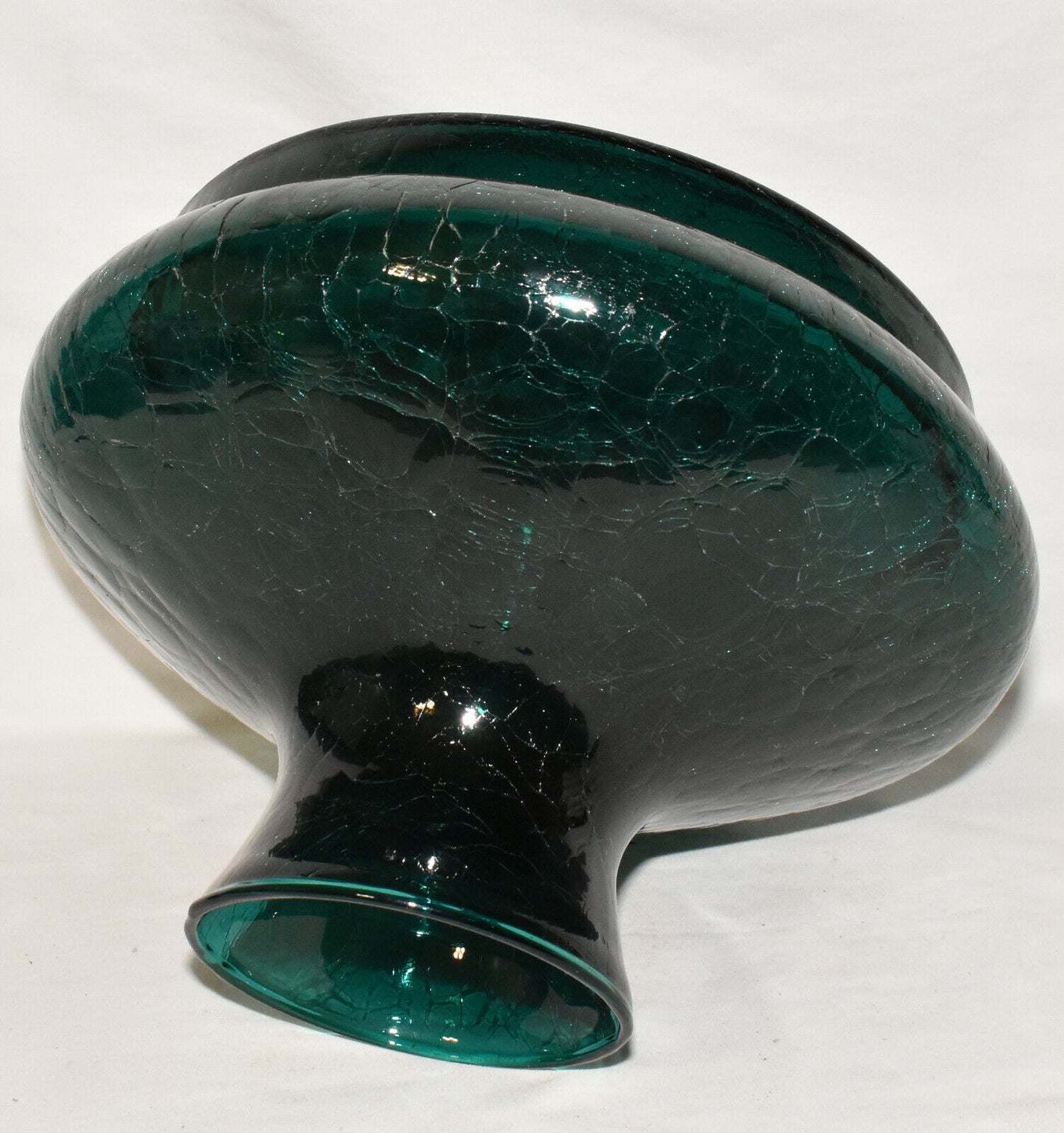 Mid Century Modern Crackle Glass Vase Large Round Spruce Green Centerpiece Vase