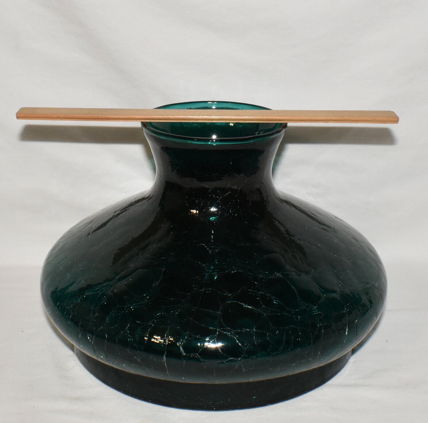 Mid Century Modern Crackle Glass Vase Large Round Spruce Green Centerpiece Vase