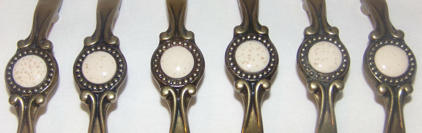 6pc Vintage Set 5" Brass Drawer Pulls Double Screw Holes Gold & Cream Beaded Detail