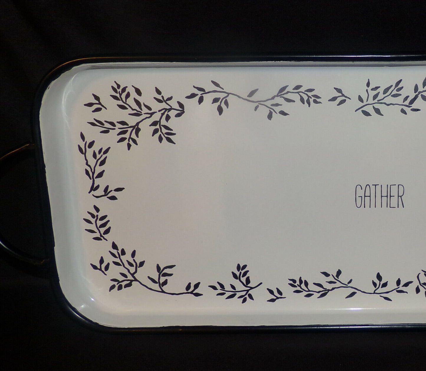 Long 24" Serving Tray Gather Black White Floral Print Enamel Tray w Handles New