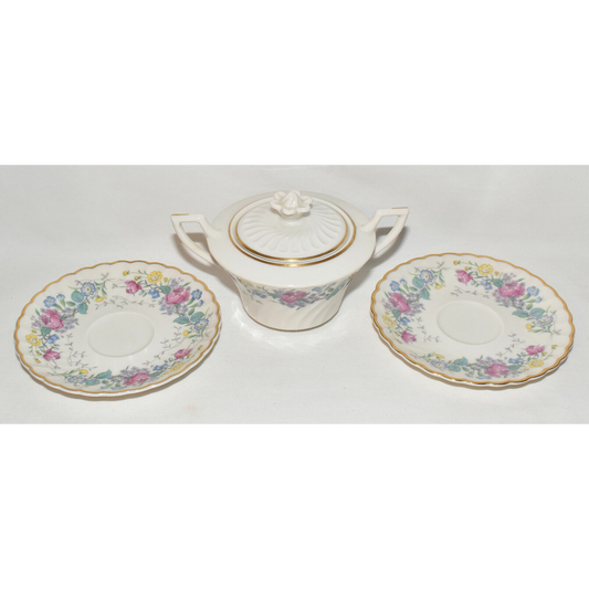 Syracuse China Lilac Rose Lidded Sugar Bowl Saucers 4pcs Pink Green Blue Yellow