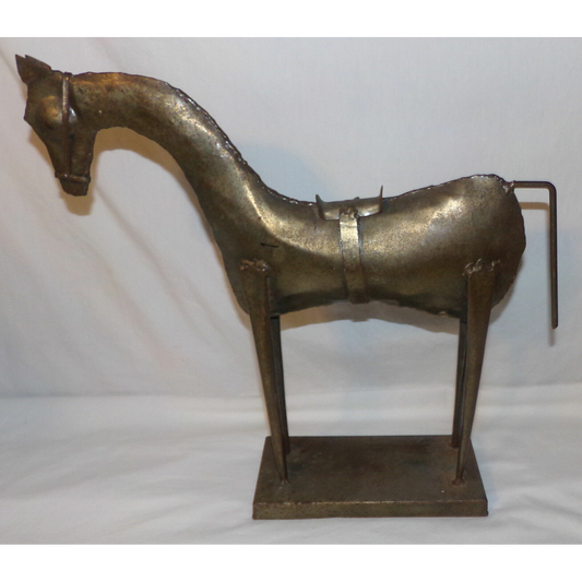 Antique Folk Art Horse Statue w Bridle Saddle Natural Aged Patina Steel Metal