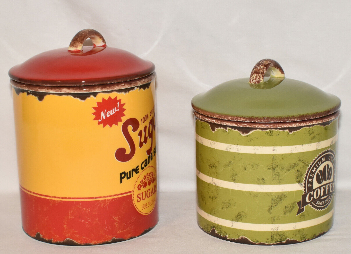 2pc Set Retro Canisters Sugar Coffee Ceramic Canisters w/ Vintage Graphics New