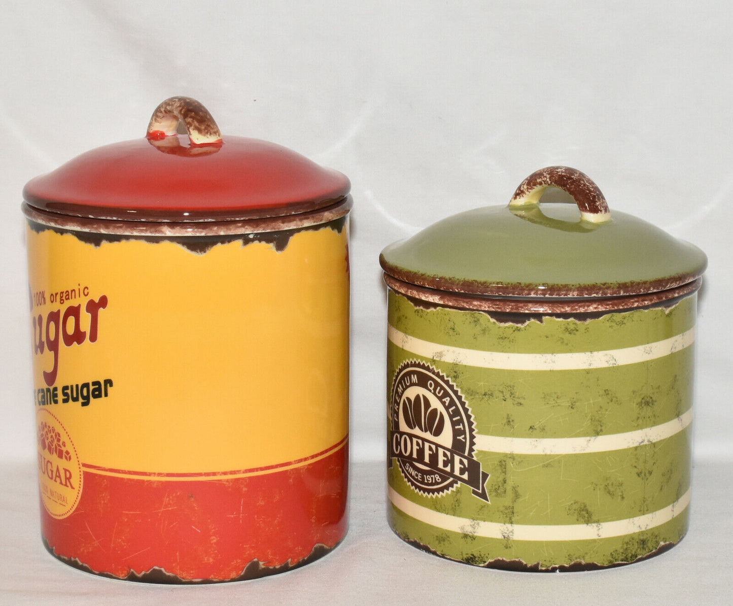 2pc Set Retro Canisters Sugar Coffee Ceramic Canisters w/ Vintage Graphics New