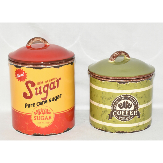 2pc Set Retro Canisters Sugar Coffee Ceramic Canisters w/ Vintage Graphics New