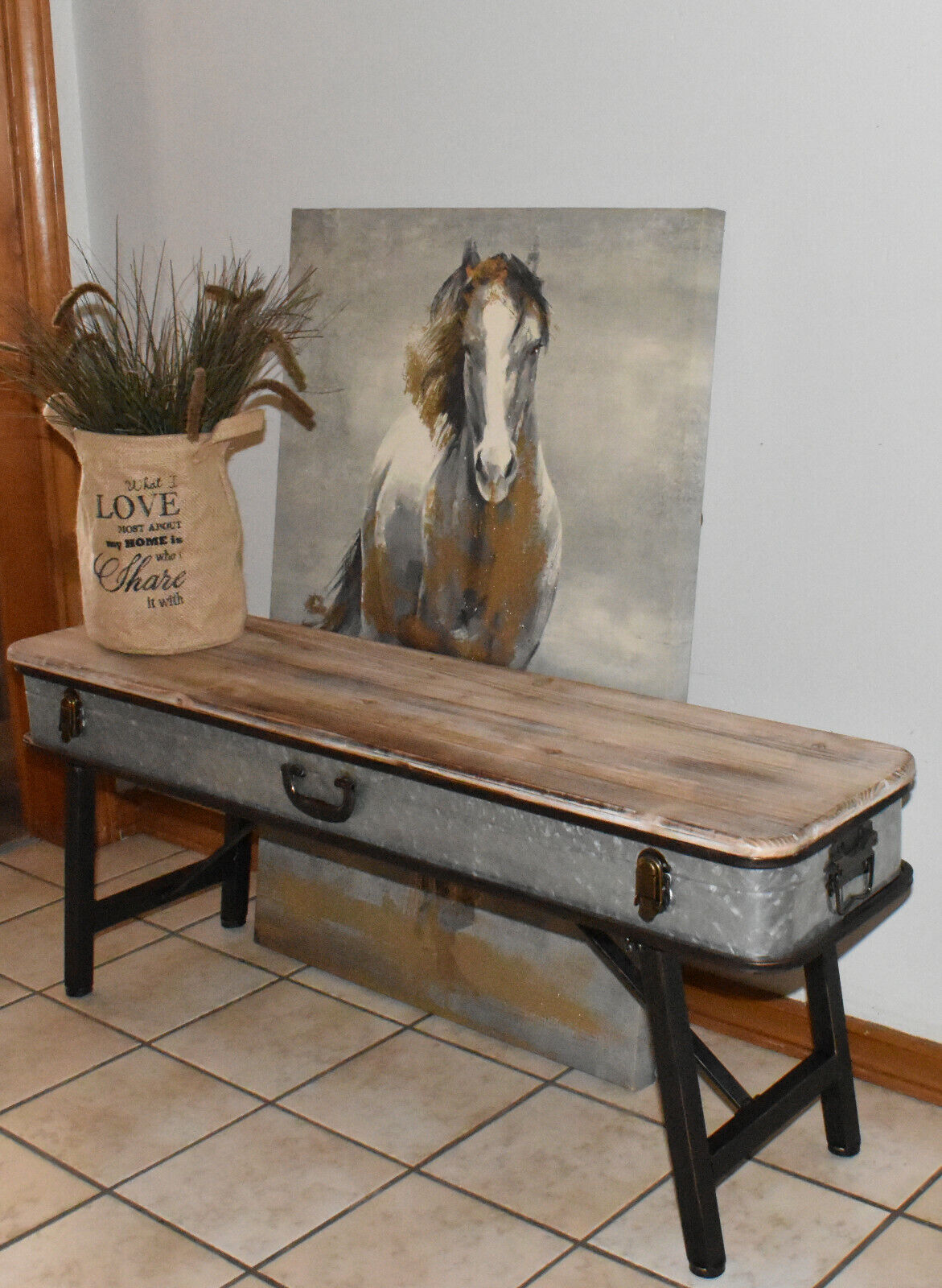 Farmhouse Suitcase Style Bench Seat Coffee Table Galvanized Metal Wood One Piece