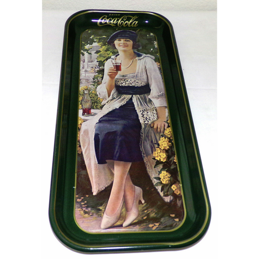 Vintage Coca Cola Tray Lady in Garden 18" Green Serving Tray Org. Art Work 1921