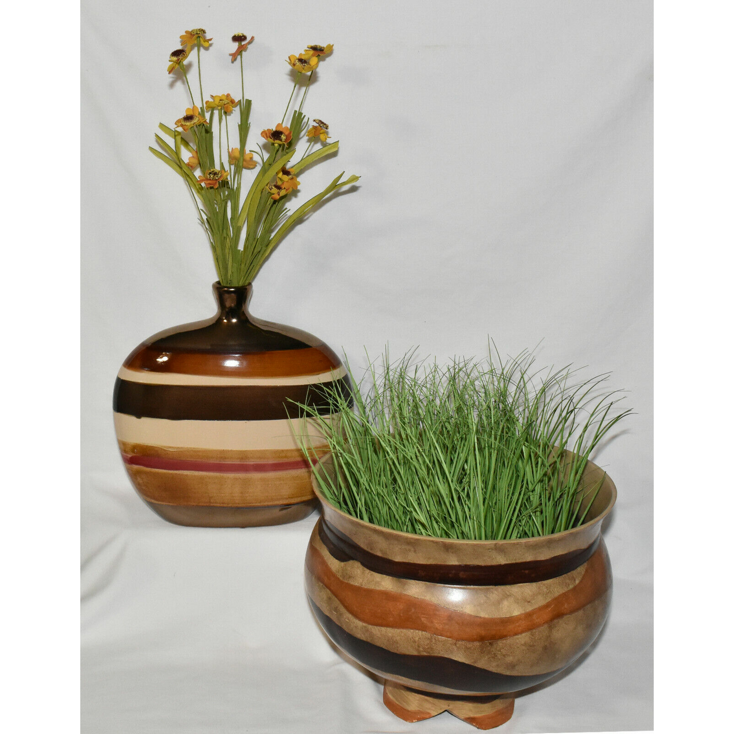 Brown Copper Stripe Vase & Planter Apple Shaped Vase + Large Footed Jardiniere