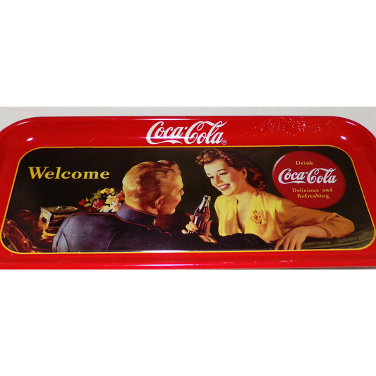 Vintage Coca Cola Tray w Marine & Lady Long 19" Red Serving Tray Org. Art 1943