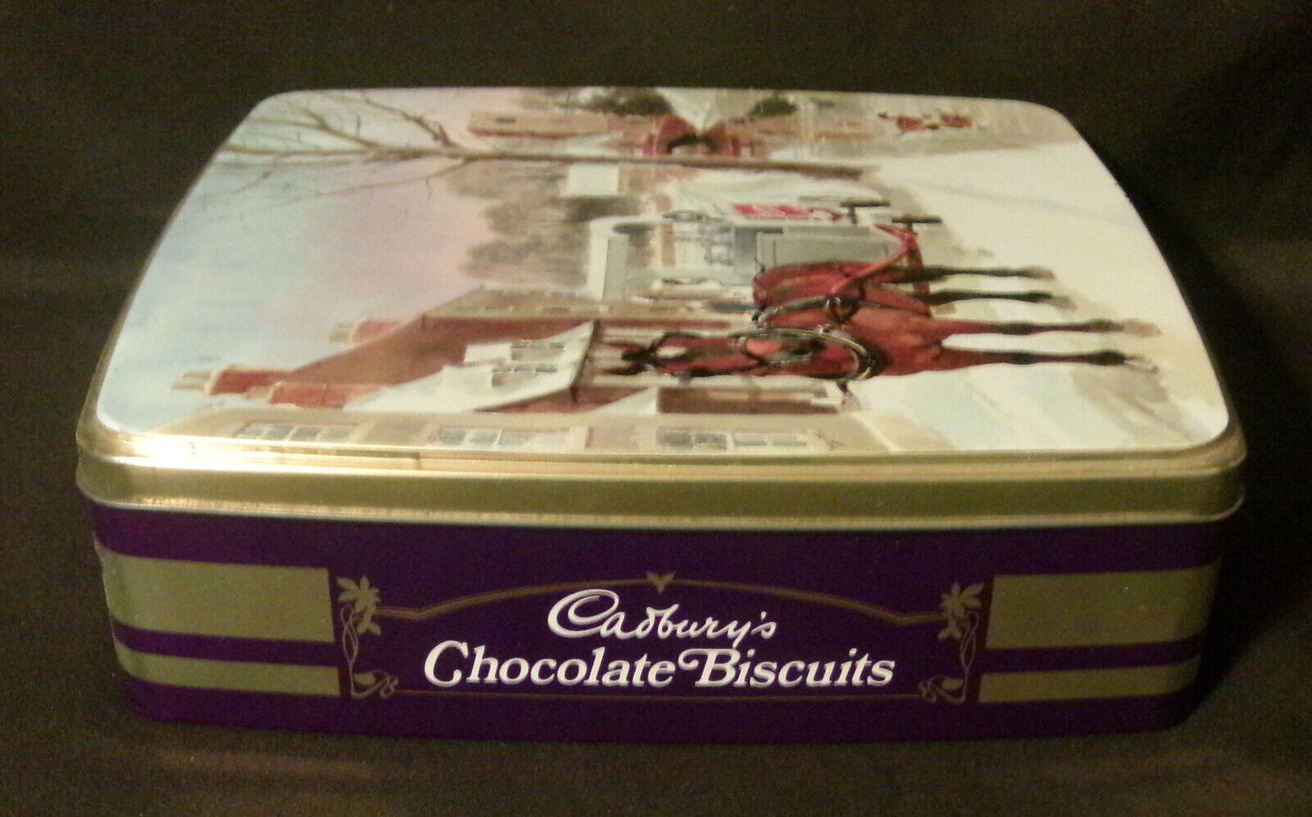 Cadburys Vintage Chocolate Biscuit Tin Scenic Town View Water Ducks Trees Bldgs