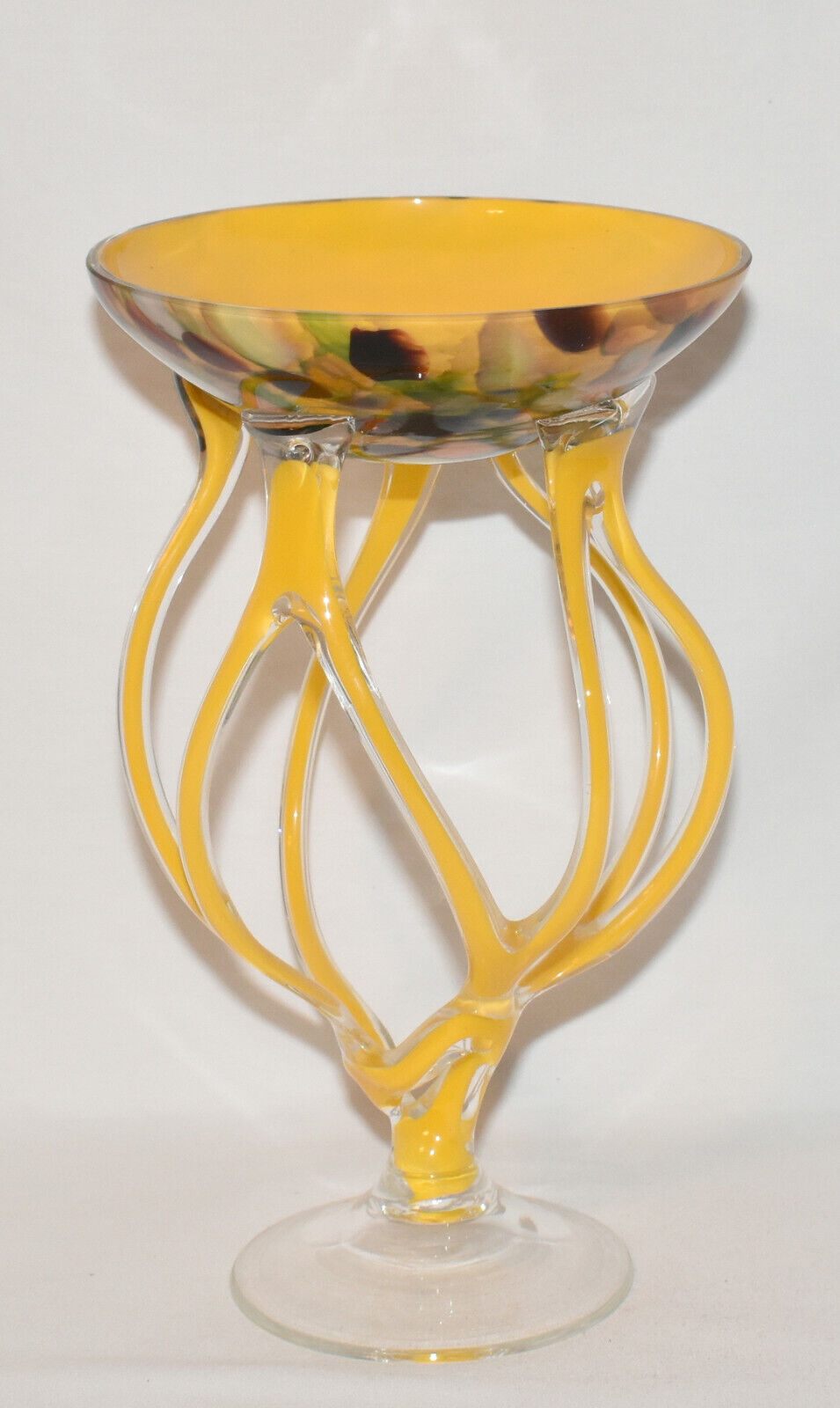 Jozefina Krosno Hand Blown Art Glass Jelly Fish Compote Yellow Cased Glass Bowl