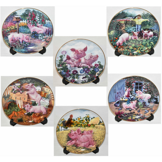Vintage Danbury Mint 8" Collectible Pig Plates Pigs In Bloom Series 6pc Set