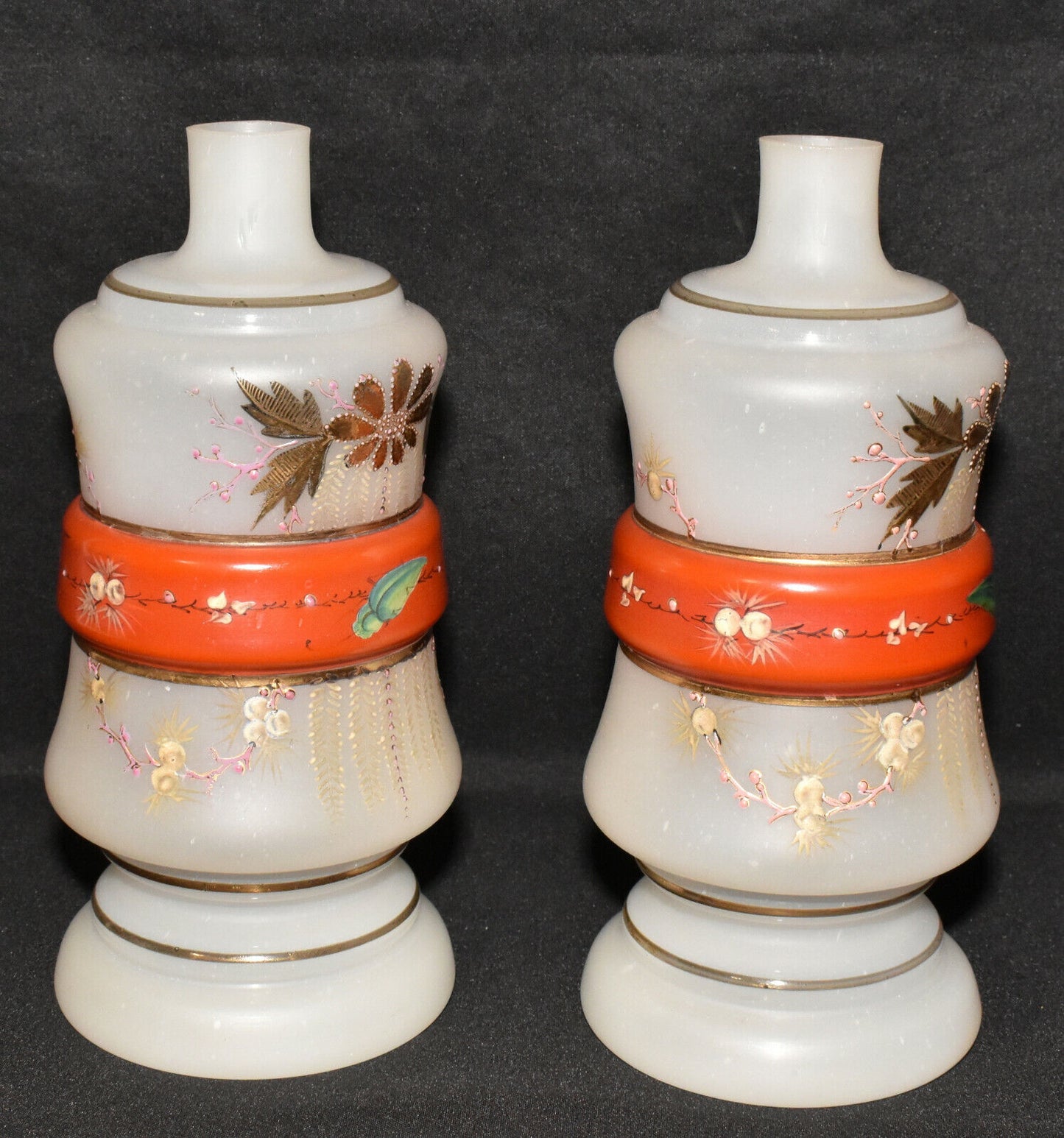 Pair Vintage Art Deco Hand Decorated Kerosene Oil Lamps Frosted Hand-Blown Glass