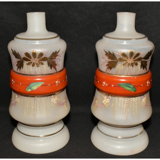 Pair Vintage Art Deco Hand Decorated Kerosene Oil Lamps Frosted Hand-Blown Glass