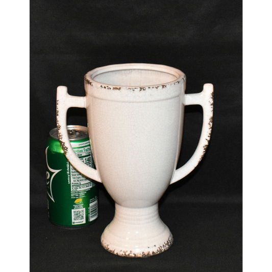 Distressed White Porcelain Trophy Urn 8.25" Crackle Glaze Finish Double Handles