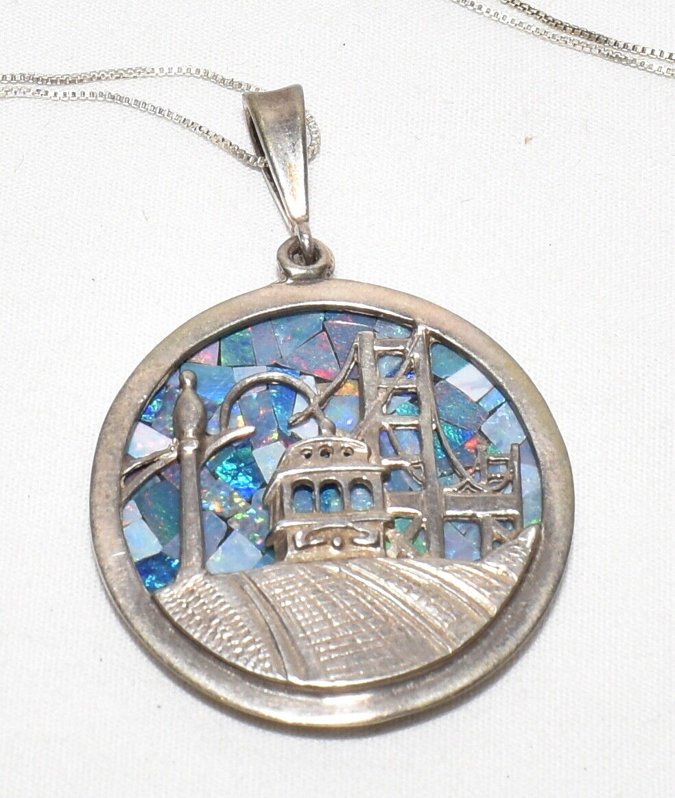 Vintage Sterling Silver San Francisco Trolley Stone Inlay Pendant Necklace 18" Chain