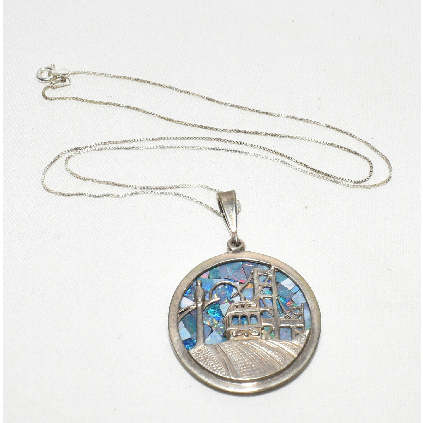 Vintage Sterling Silver San Francisco Trolley Stone Inlay Pendant Necklace 18" Chain