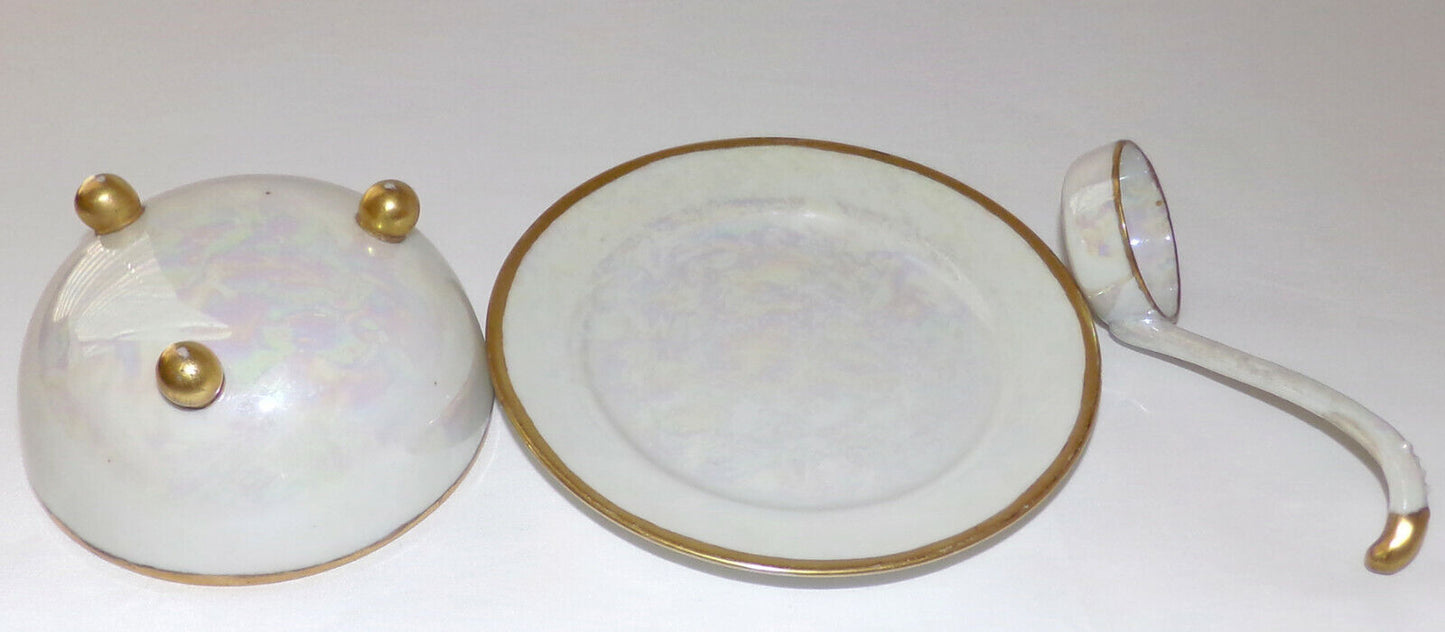 Antique Lustre 3pc Mayonnaise Set Footed Bowl Plate Ladle Signed Plate Japan