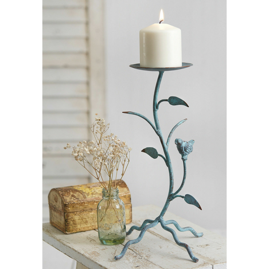 Blue Distressed Iron Candle Stand Bird On Branch 11"/ 4-Leg Pillar Candle Holder