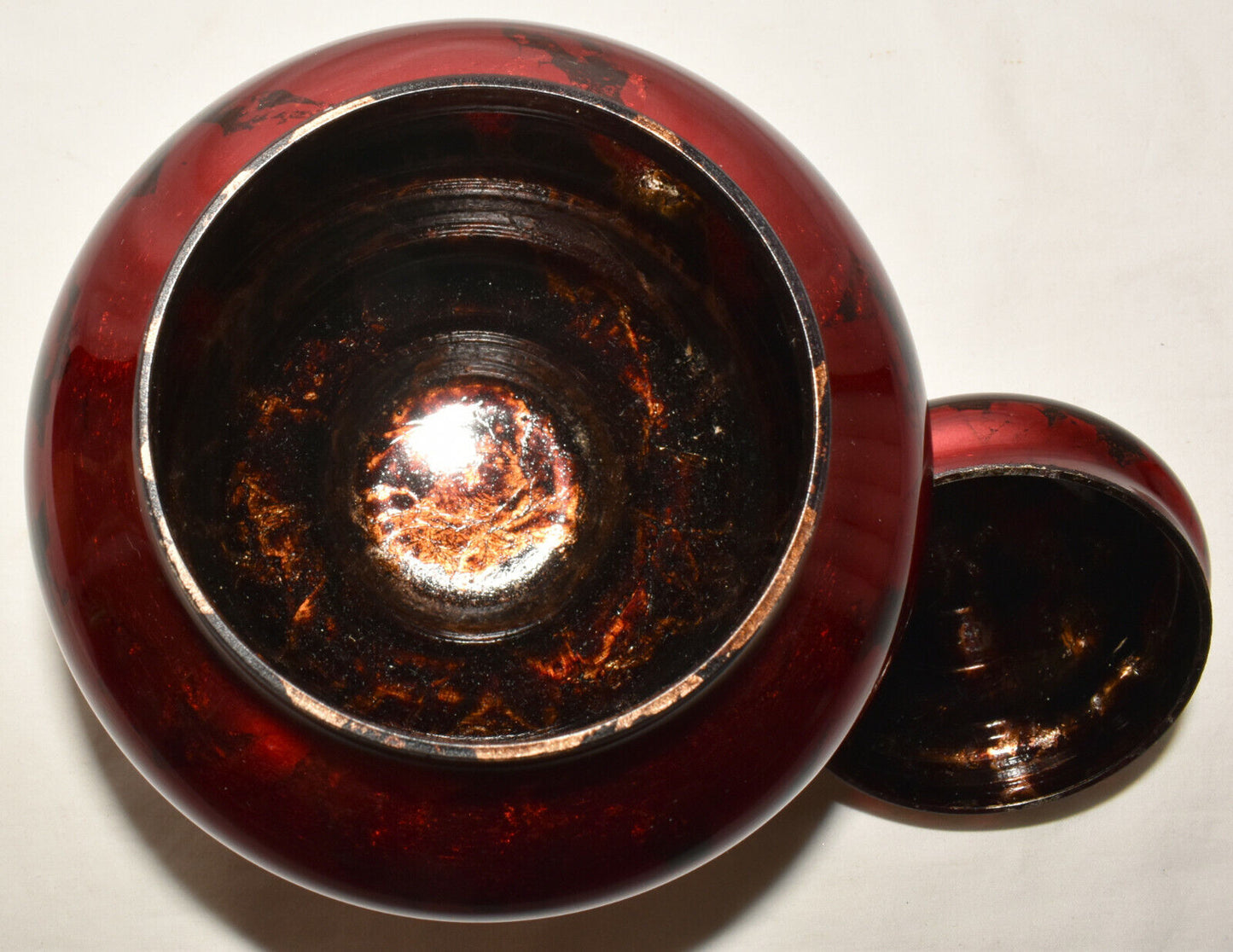 Vintage Mid Century Red Mercury Glass Lidded Urn Jar Bowl Hand Blown Lidded Urn