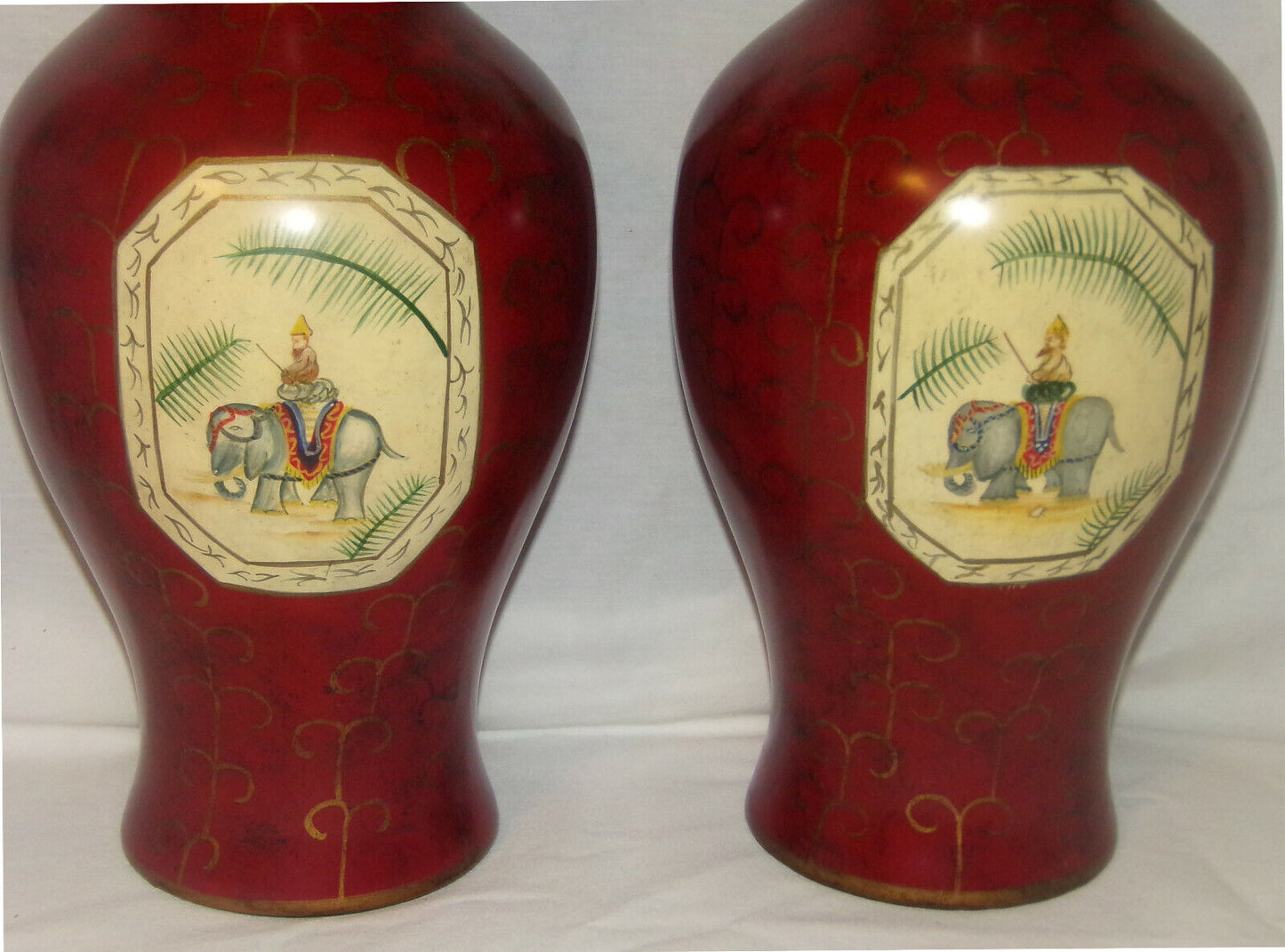 Pr Lg 14" Vintage Vases Handpainted Porcelain Vases w Elephant & Rider Red Gold