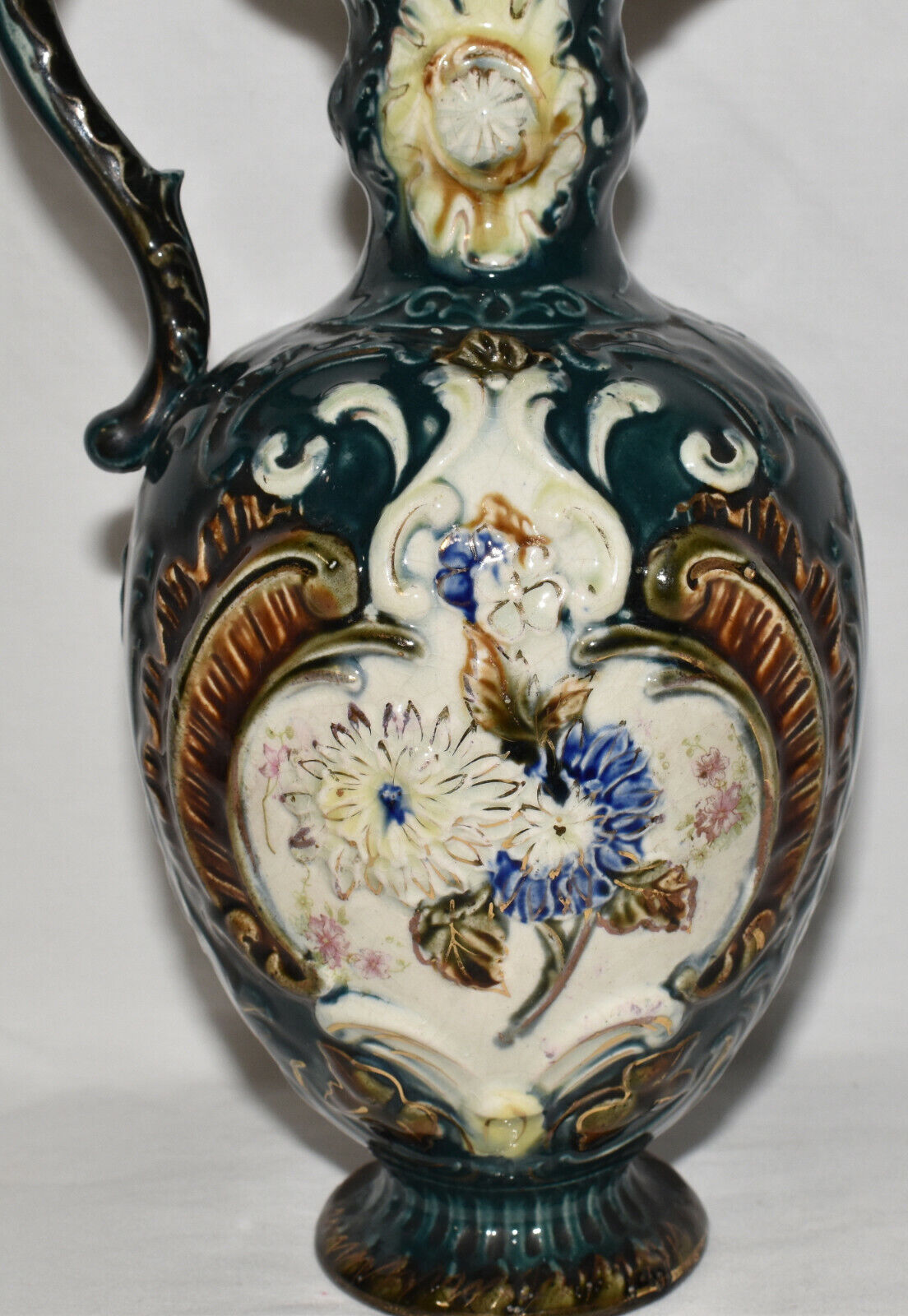 Antique Hand Painted Porcelain Ewer Pitcher 11" Ewer Floral Motif in High Relief