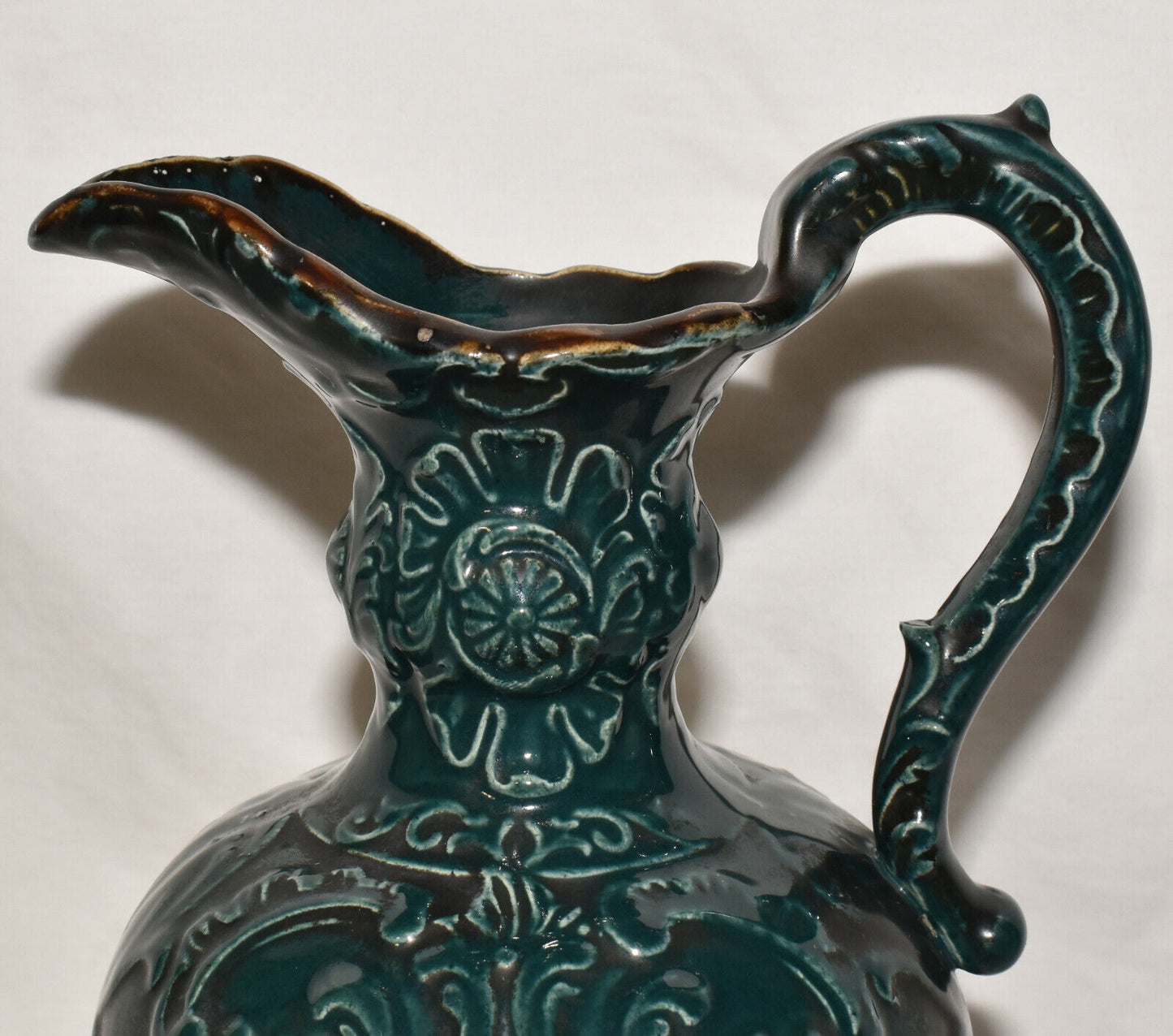 Antique Hand Painted Porcelain Ewer Pitcher 11" Ewer Floral Motif in High Relief