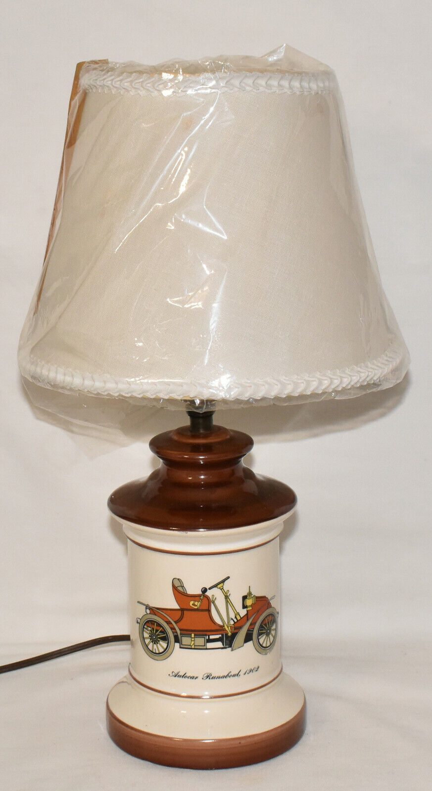 Vintage Table Desk Lamp with Shade Brown White Autocar Runabout 1902 Graphics