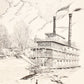 Vintage Black & White Original Lithograph Steamboat Deer in Forest 16" x 20" Signed