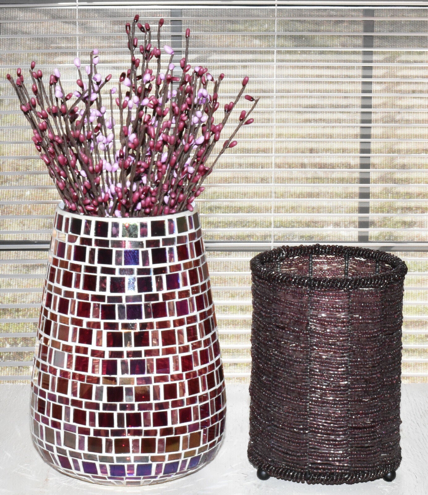 Vintage Stained Glass Mosaic Vase with Pip Rice Berry Sprays + Beaded Candle Jar