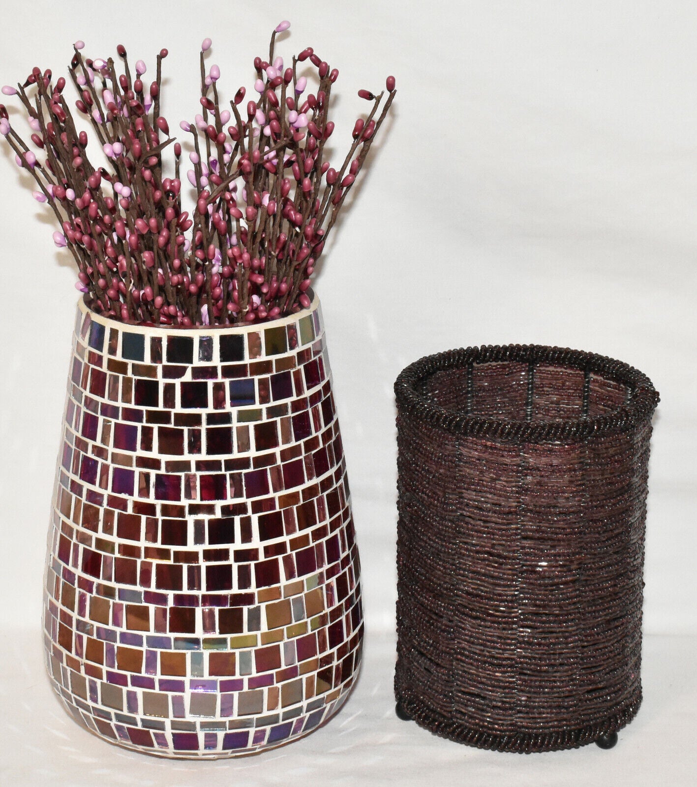 Vintage Stained Glass Mosaic Vase with Pip Rice Berry Sprays + Beaded Candle Jar