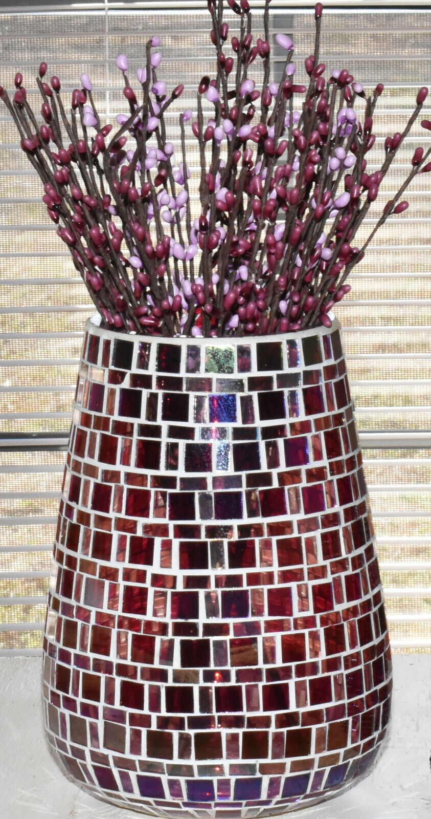 Vintage Stained Glass Mosaic Vase with Pip Rice Berry Sprays + Beaded Candle Jar