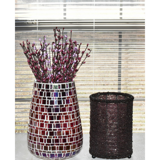 Vintage Stained Glass Mosaic Vase with Pip Rice Berry Sprays + Beaded Candle Jar